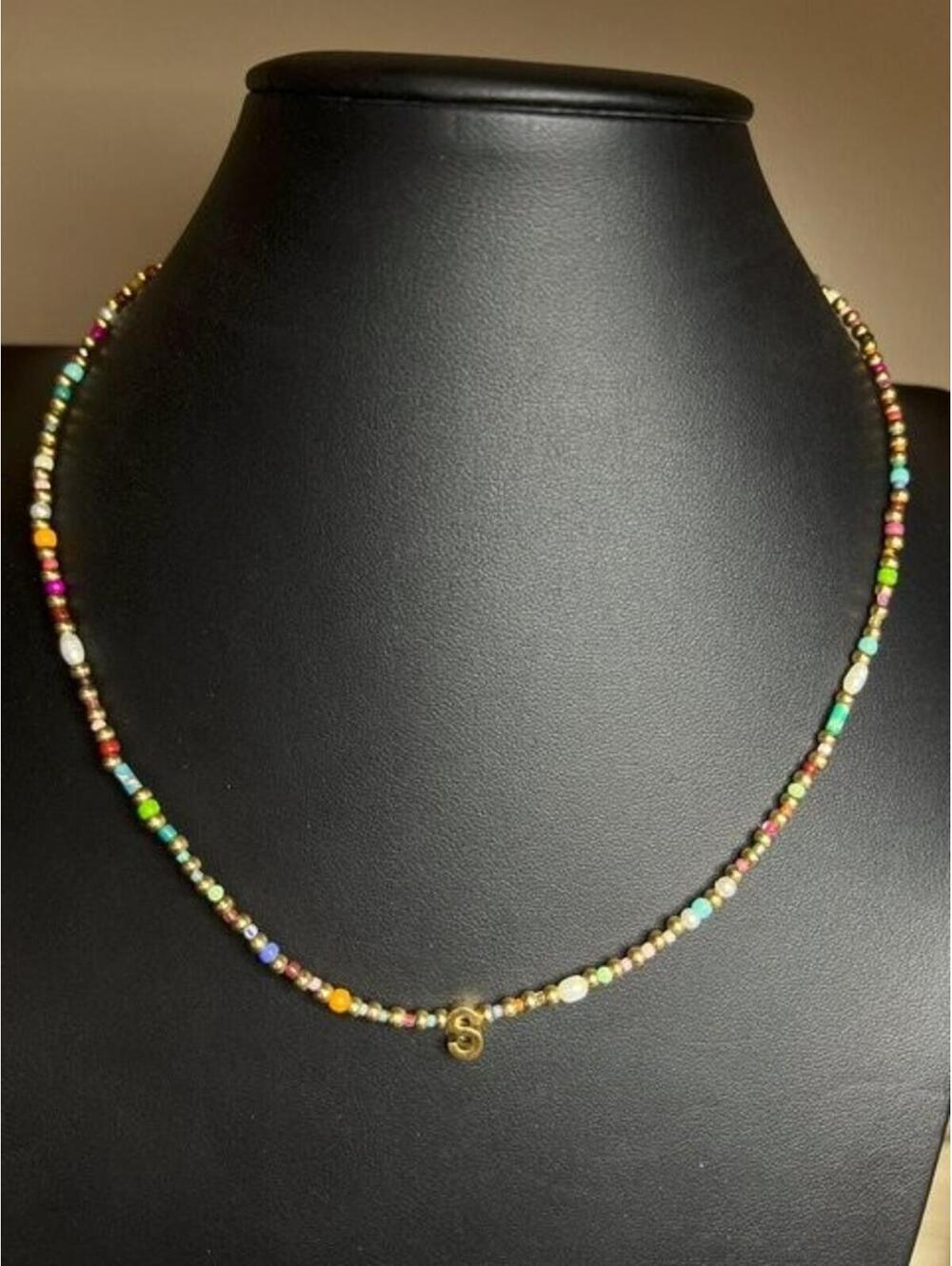 B4623 Serefina Designs Beaded Choker Necklace Initial S Multi-Color 16-18"